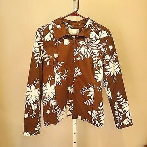 NWT Susan Graver Style shacket, top, brown leaf beaded accent. Zip up.